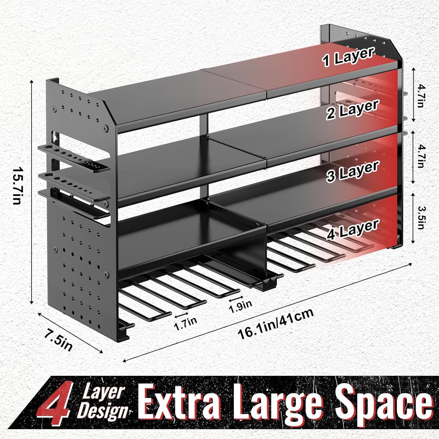 Power Tool Organizer Wall Mount, Metal 4 Layer Heavy Duty Metal Power Tool Storage Rack, Garage Drills Storage Shelves with Screwdriver Holder Plier Holder (Black, 8 Drills Holder)