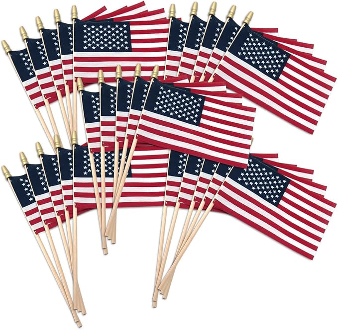 Super Tough Small American Stick Flags 4’’x6’’ | Cotton Outdoor Flag on 10’’ Wooden Stick with Spear Tip | Mini Flags Patriotic Decor for Various Holiday Parties and National Flag Day | 25 Pack