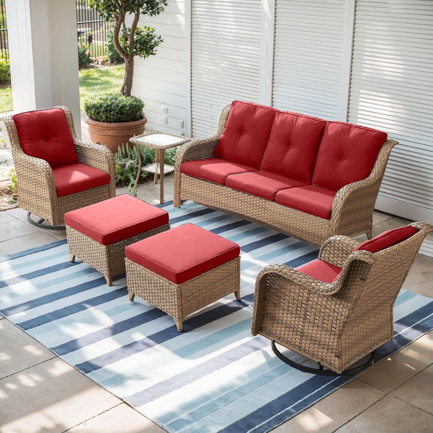 Outdoor Wicker Patio Furniture Set - 6 Piece Rattan Patio Conversation Set with 2 Rocking Swivel Chairs,2 Ottomans,1 Sofa and 1 Side Table for Porch Deck Backyard Garden(Yellow/Red)