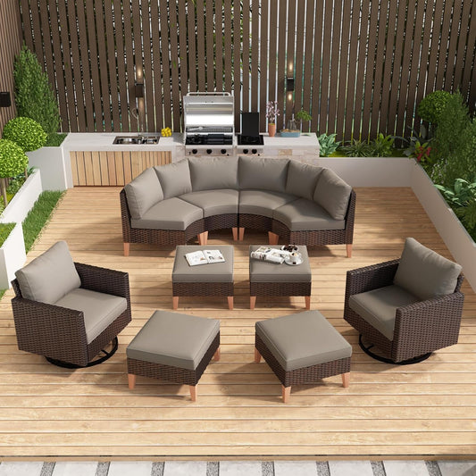 HUMMUH 10 Pieces Patio Furniture Set,Outdoor Half-Moon Modular Sectional Couches Swivel Patio Chairs with Ottomans,All Weather PE Wicker Patio Conversation Sets for Garden Porch Backyard