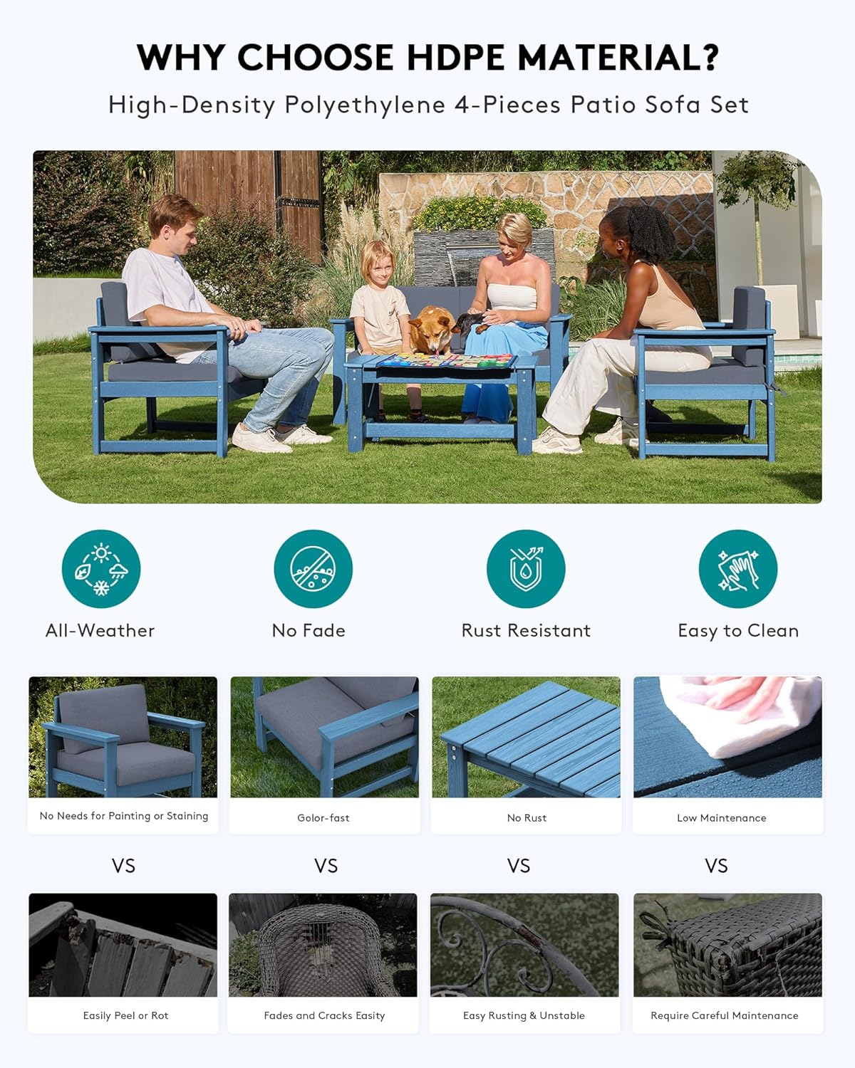 SERWALL Blue HDPE Outdoor Loveseat with Grey Cushions