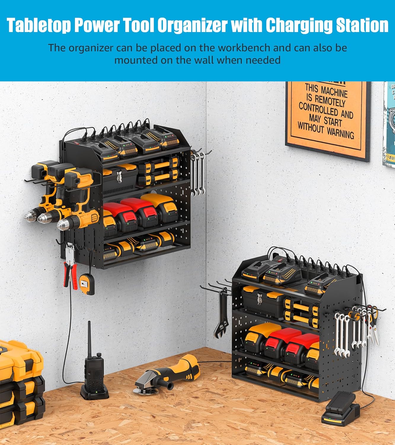 CCCEI Modular Desk Power Tools Organizer with Charging Station, 4 Layer Drills Battery Storage Wall Mount, Garage Shop Organization, Anniversary, Birthday, Gifts for Men, Father, Black, 6FT Cord.