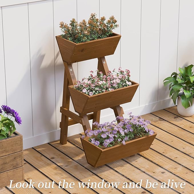 3-Tiers Wooden Raised Garden Bed,Wood Planter Box for Vegetable,Flower Rack,Flower Pot Stands,Indoor Outdoor Gardening Planting Beds (Brown, Small)
