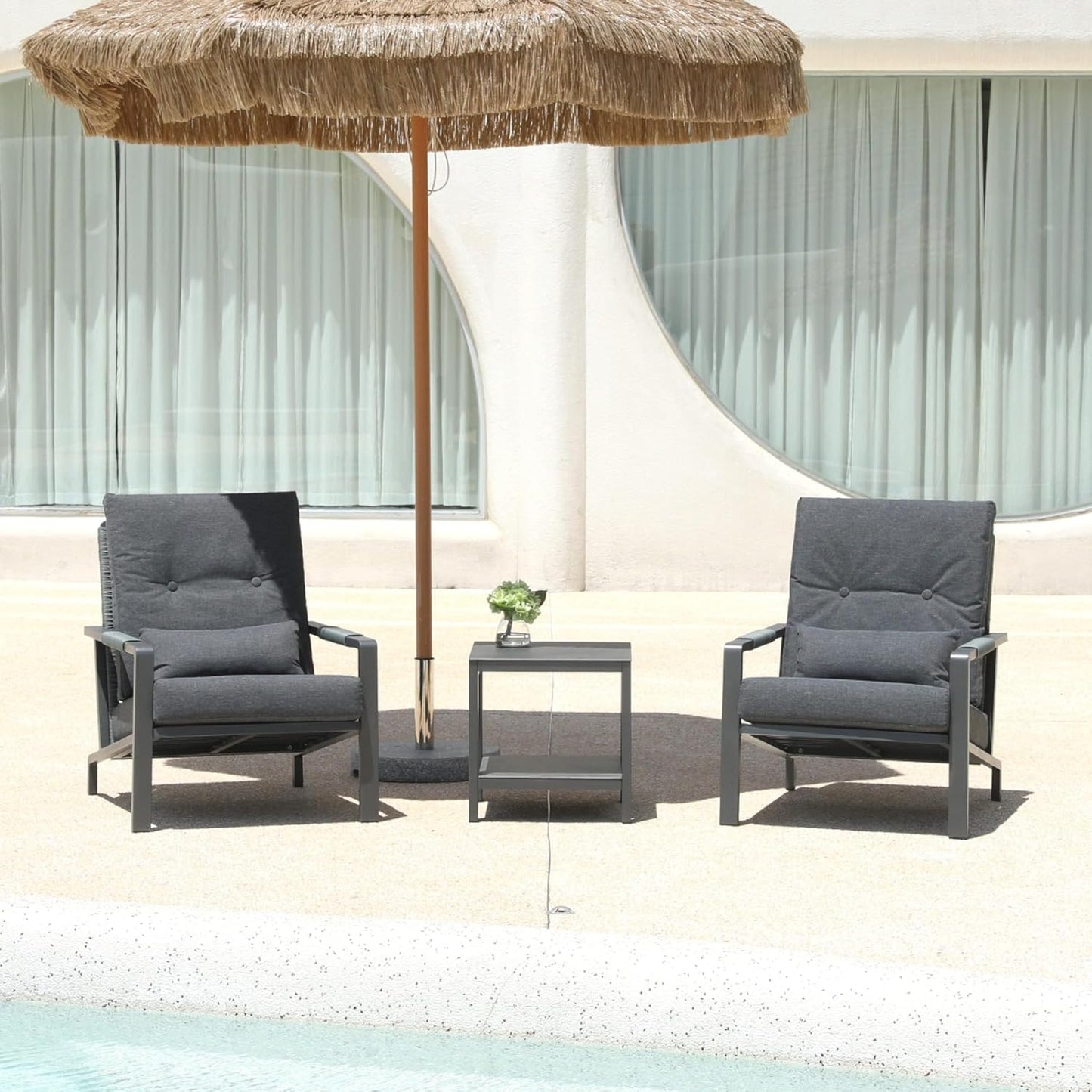 3 Piece Outdoor Bistro Set, Rattan Patio Furniture with Aluminum Frame & Coffee Table, Waterproof Cushion Fabric, High Elastic Sponge, Grey Terrace Patio Set