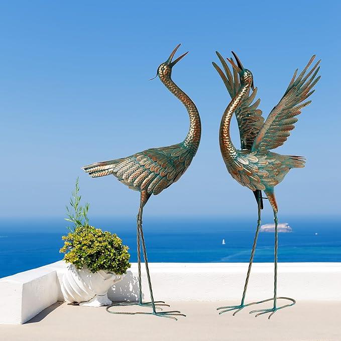 chisheen Crane Garden Statues Outdoor Metal Heron Yard Art Crane for Garden Sculptures Patio Lawn Ornaments,Set of 2