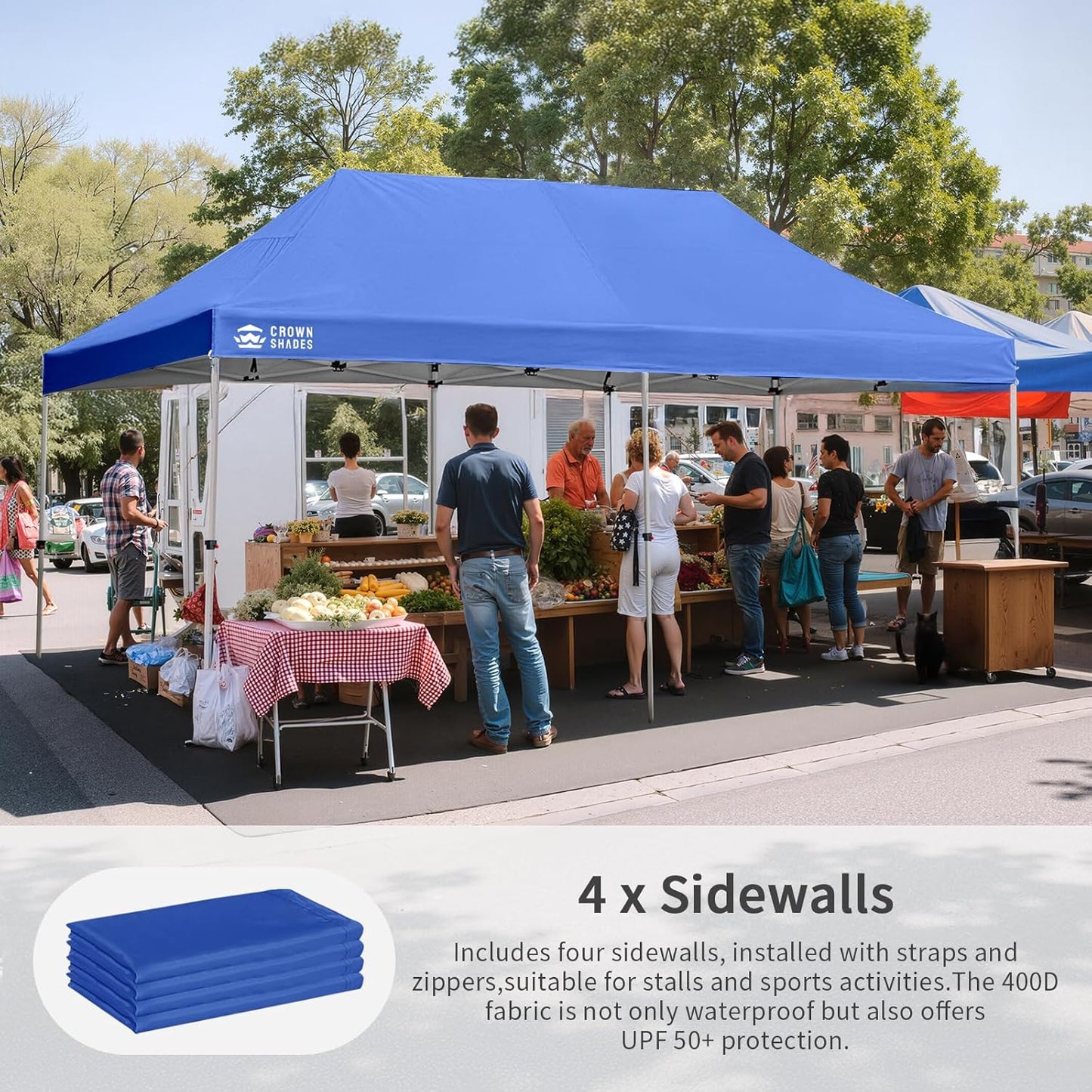 CROWN SHADES 10x20 Pop Up Canopy Tent, Thicken Frame Commercial Heavy Duty Tent, 4 Sidewalls 8 Stakes & 4 Sandbags & 4 Ropes, Outdoor Canopies for Events, Parties, Blue