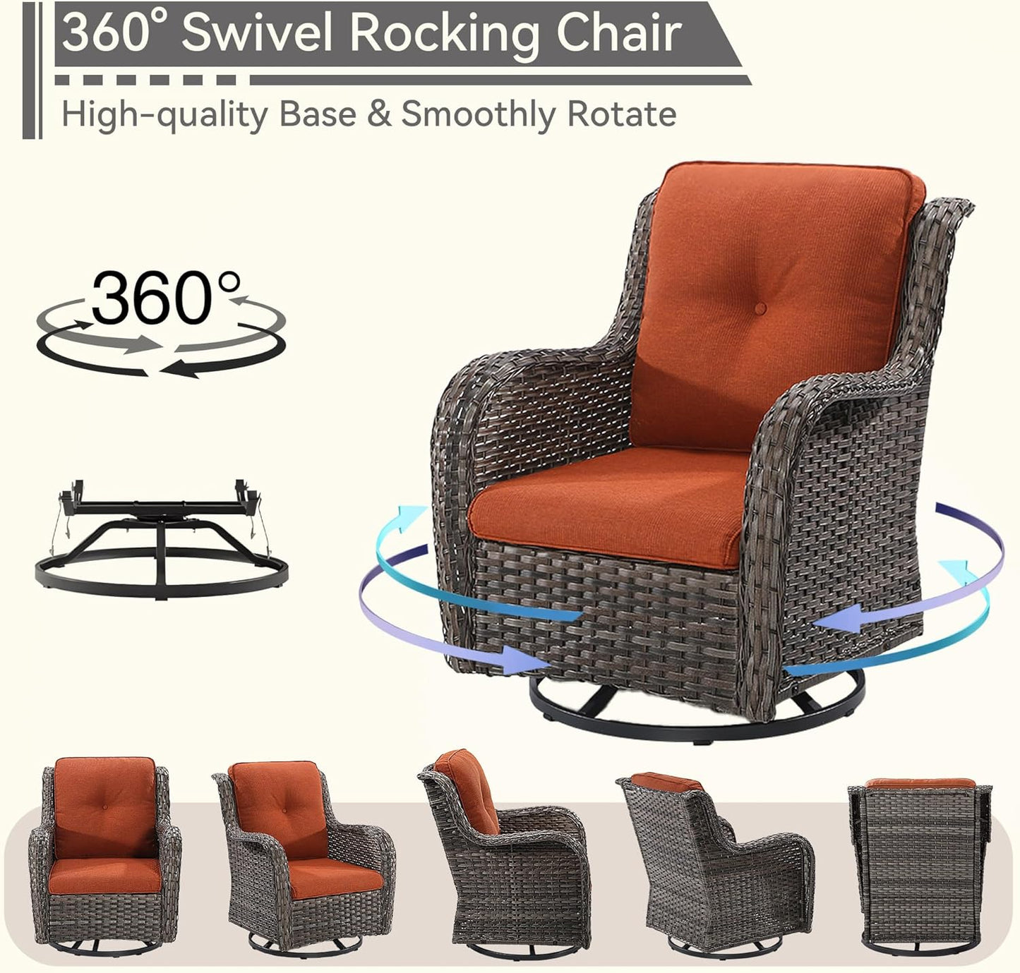 Wicker Patio Furniture Set 8-PCS with A 3-Seat Sofa, 2 Swivel Rocking Chairs, 2 Armchairs, 2 Ottomans and 1 Side Table Patio Conversation Set, Orange