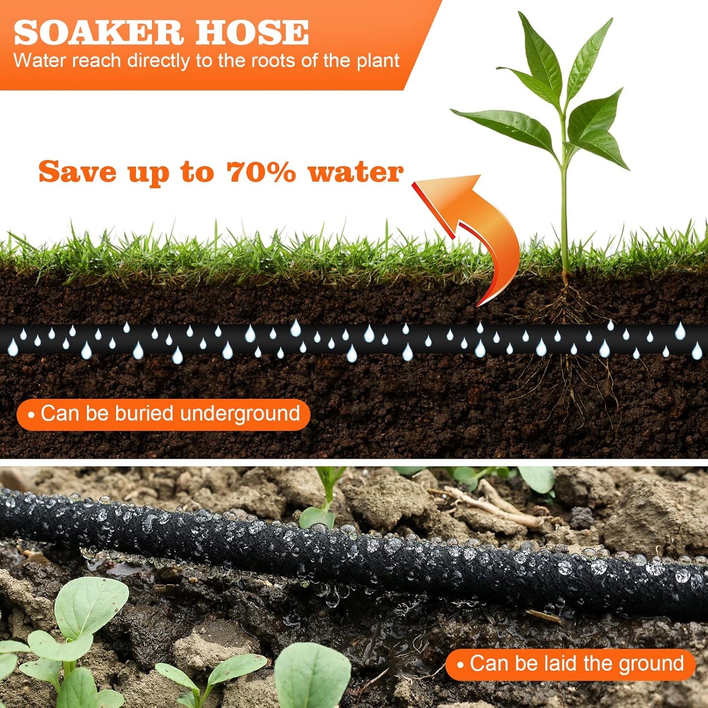 Soaker Hose 25 FT for Garden 1/2" Diameter Irrigation Hose Save 70% of Water Solid Brass Interface Eminently Suitable for Lawn and Garden Beds Cover