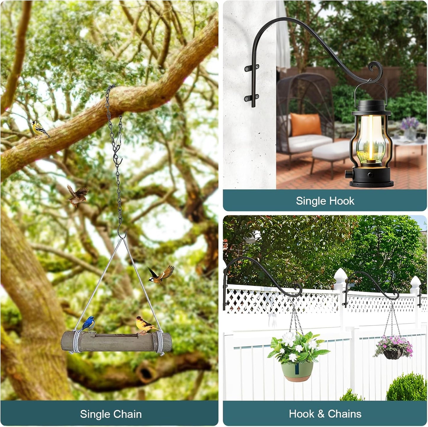 Plant Hangers Outdoor, 4 Pack 12 Inch Plant Hooks with 12 Chains for Wall Metal Plants Hanging Bracket for Bird Feeder, Flower Baskets, Wind Chimes, Lanterns, Indoor Outdoor, Black