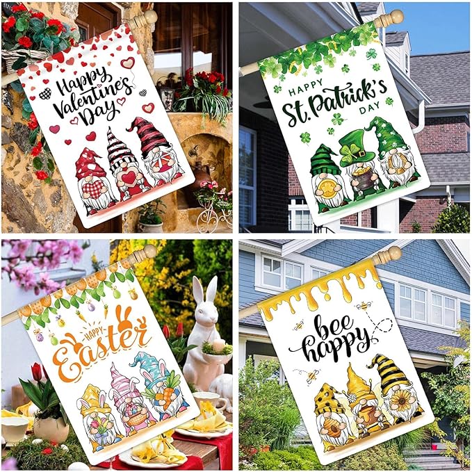12 Pcs Three Gnomes Seasonal Large Garden Flags Double Sided Seasonal Truck Garden Flags for All Seasons Set of 12 Spring Easter Valentine Halloween Christmas Holiday Yard Decoration, Welcome Outdoor