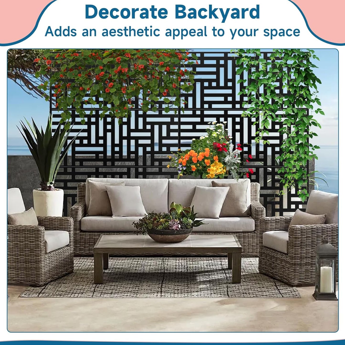 Metal Privacy Screen 72" H x 47.2" Decorative Outdoor Privacy Screen Privacy Panel with Stand for Balcony Deck Patio Lawn Garden, Privacy Fence (Black-Street)