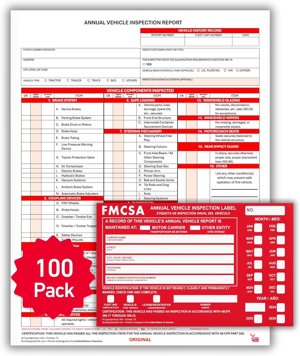 100 Pack 3-Ply Carbonless Annual Vehicle Inspection Report Forms with FMCSA Red Aluminum Adhesive Labels, DOT Inspection Forms and Stickers, Shrink-Wrapped, 8.5" x 11.75" - Made in USA