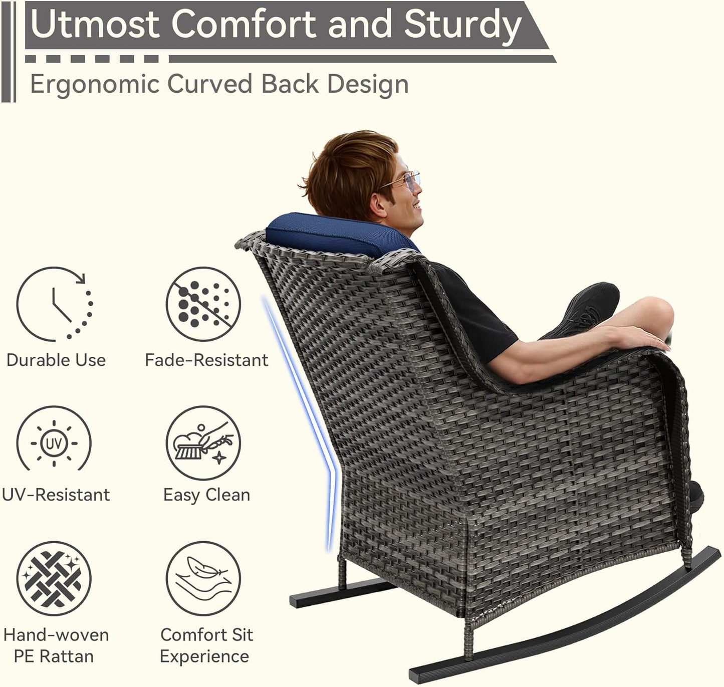 Outdoor Rocking Chair of 2, Wicker Patio Rocker Chair for Yard, Porch, Mixed Brown Grey Rattan, Blue Cushions