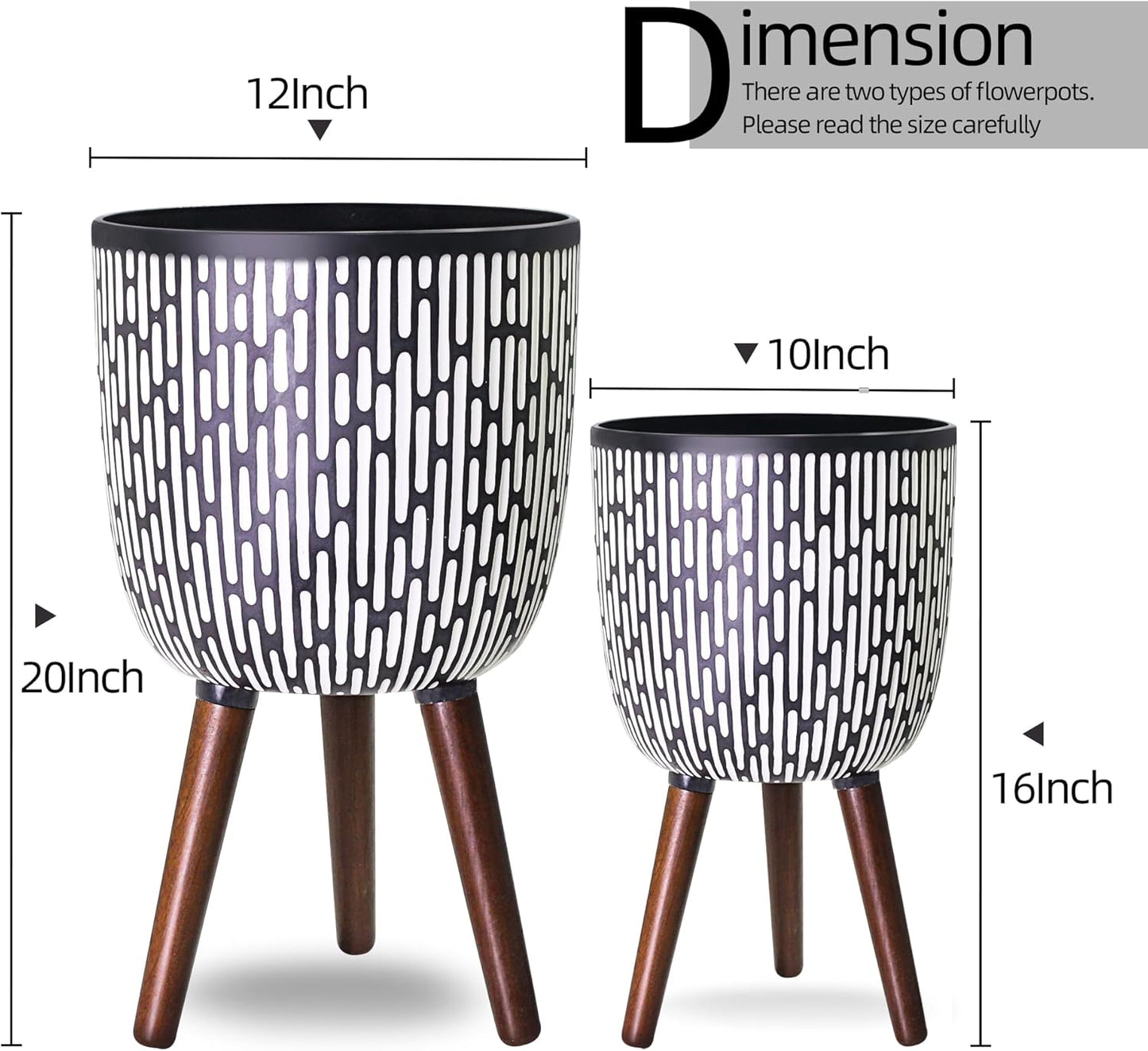 2 Set Plant Pot with Stand 10 & 12 inches, Mid-Century Large Planter with Legs for Indoor Plants, Boho Print Standing Plant Pot with Drainage Plug for Monstera, Herb, Succulent Flower Pot