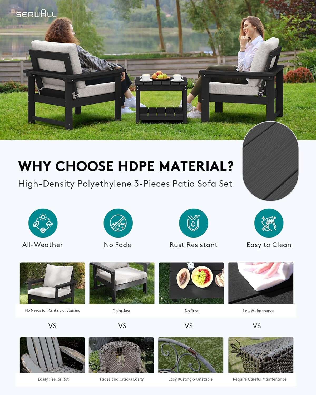 SERWALL HDPE Patio Sofa Set, 3-Piece Sectional Outdoor Furniture Set, All Weather Outdoor Couch Set Patio Furniture Set for Deck, Lawn, Black Frame with Khaki Cushion