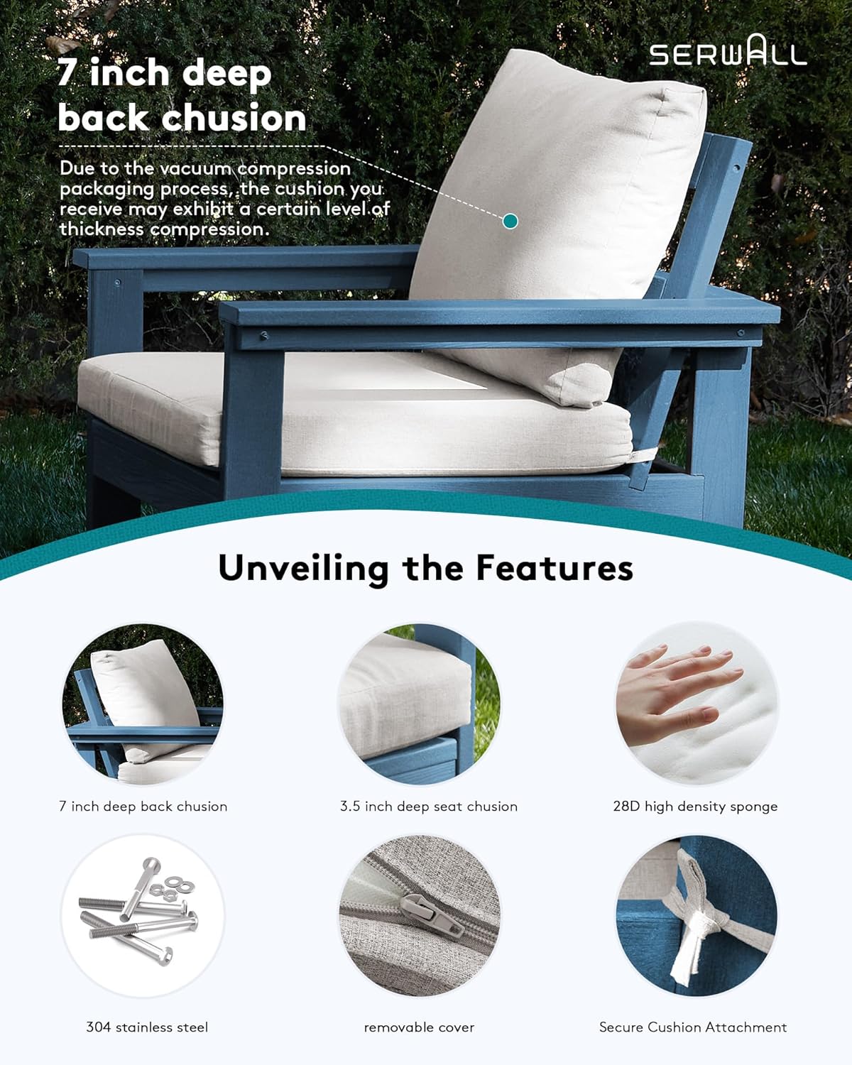 SERWALL HDPE Patio Sofa Set, 4-Piece Sectional Outdoor Furniture Set, All Weather Outdoor Couch Set Patio Furniture Set for Deck, Lawn, Blue Frame with Khaki Cushion