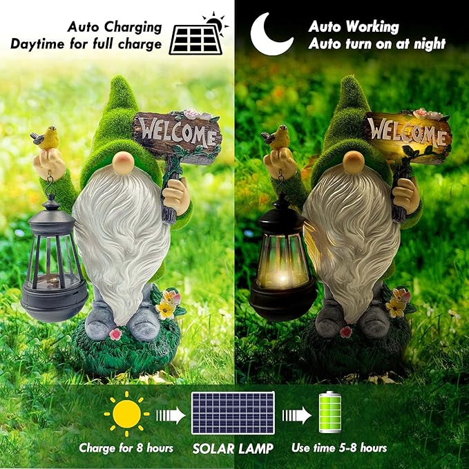 Lovinland Garden Gnome Statue Outdoor Decor Large Flocked Resin Gnome Figurine with Solar Light Holding Lantern Welcome Sign Garden Yard Decorations Dwarf Sculpture for Outside Patio Porch Lawn Decor