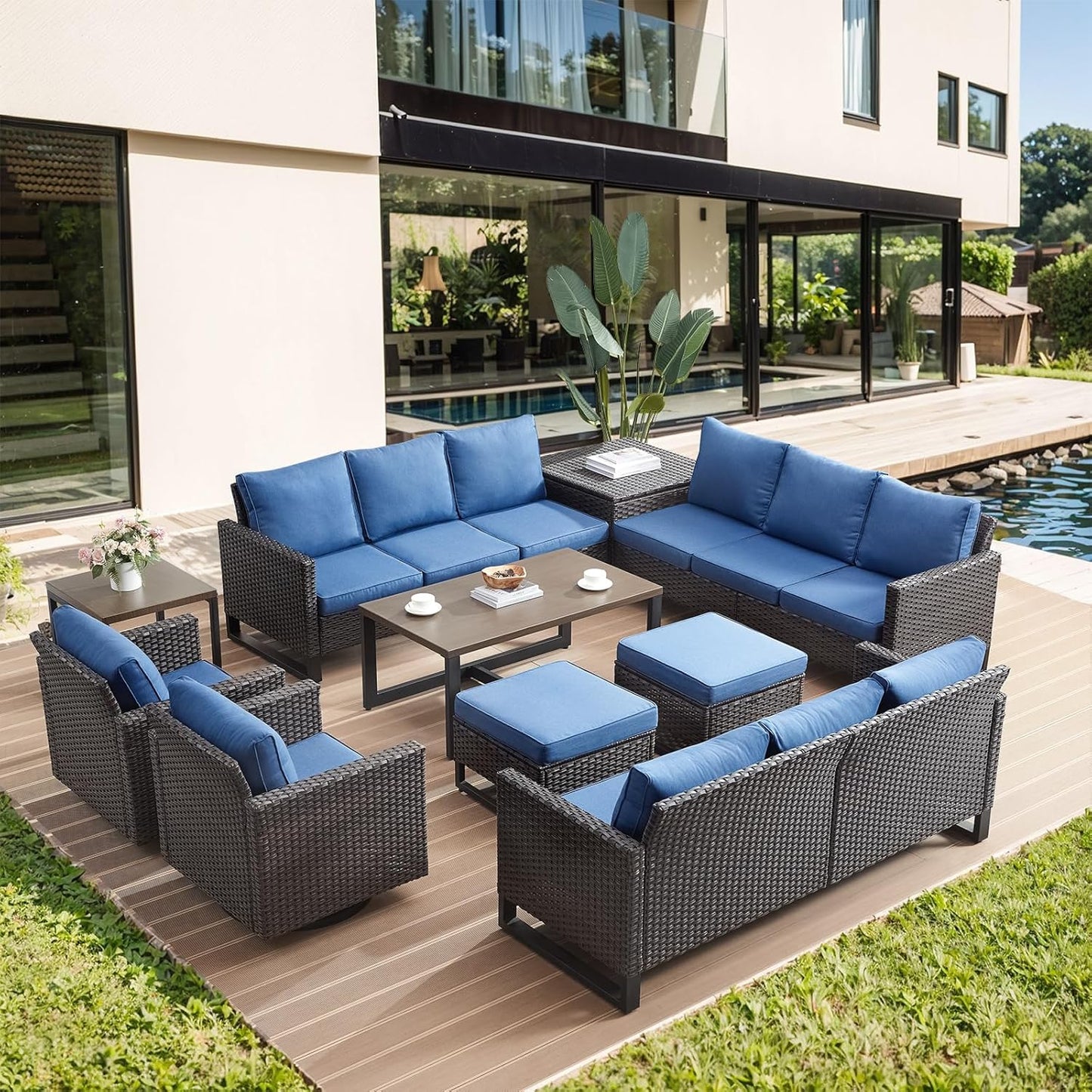 HUMMUH 10 Piece Patio Furniture Set PE Wicker 3 Outdoor Sectional Sofa Set with Patio Swivel Chairs Dinning Table Ottomans for Porch,Garden,Backyard,Deck(Brown/Blue)
