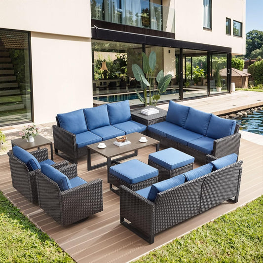 HUMMUH 10 Piece Patio Furniture Set PE Wicker 3 Outdoor Sectional Sofa Set with Patio Swivel Chairs Dinning Table Ottomans for Porch,Garden,Backyard,Deck(Brown/Blue)