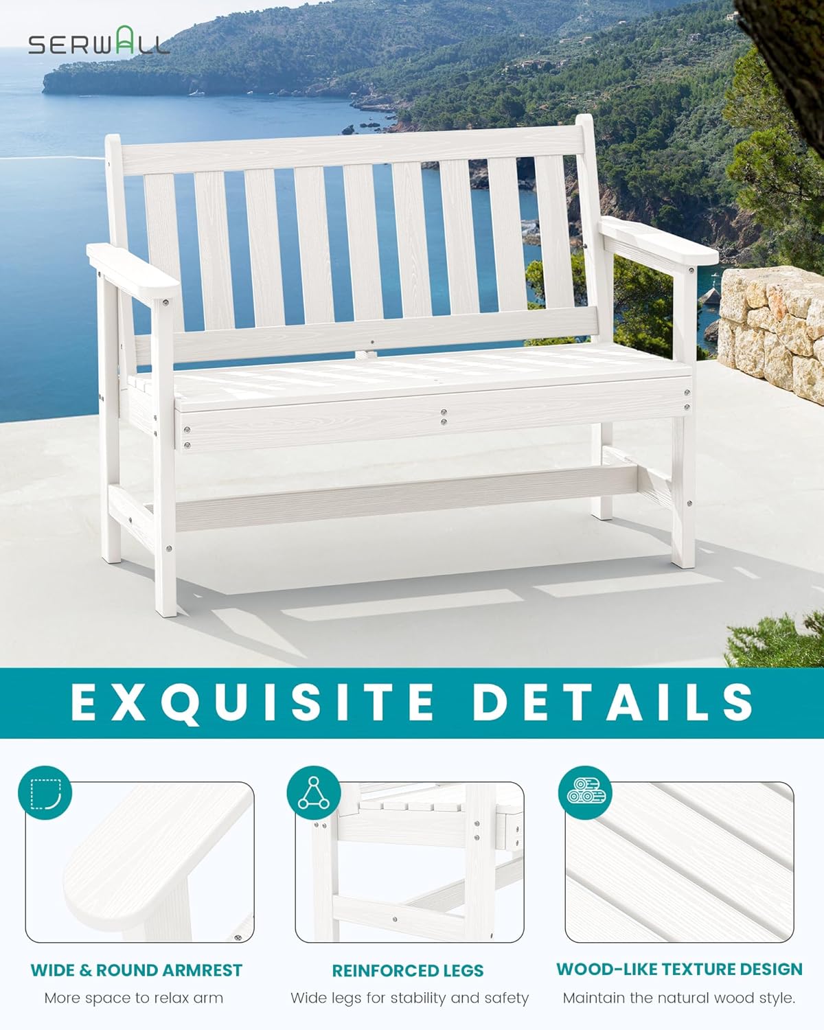 SERWALL Outdoor Bench, HDPE Outdoor Benches Weatherproof, 2-Person Garden Bench with 660 lbs Weight Capacity, Patio Benches for Outdoors, Garden, Porch, Backyard and Park, White
