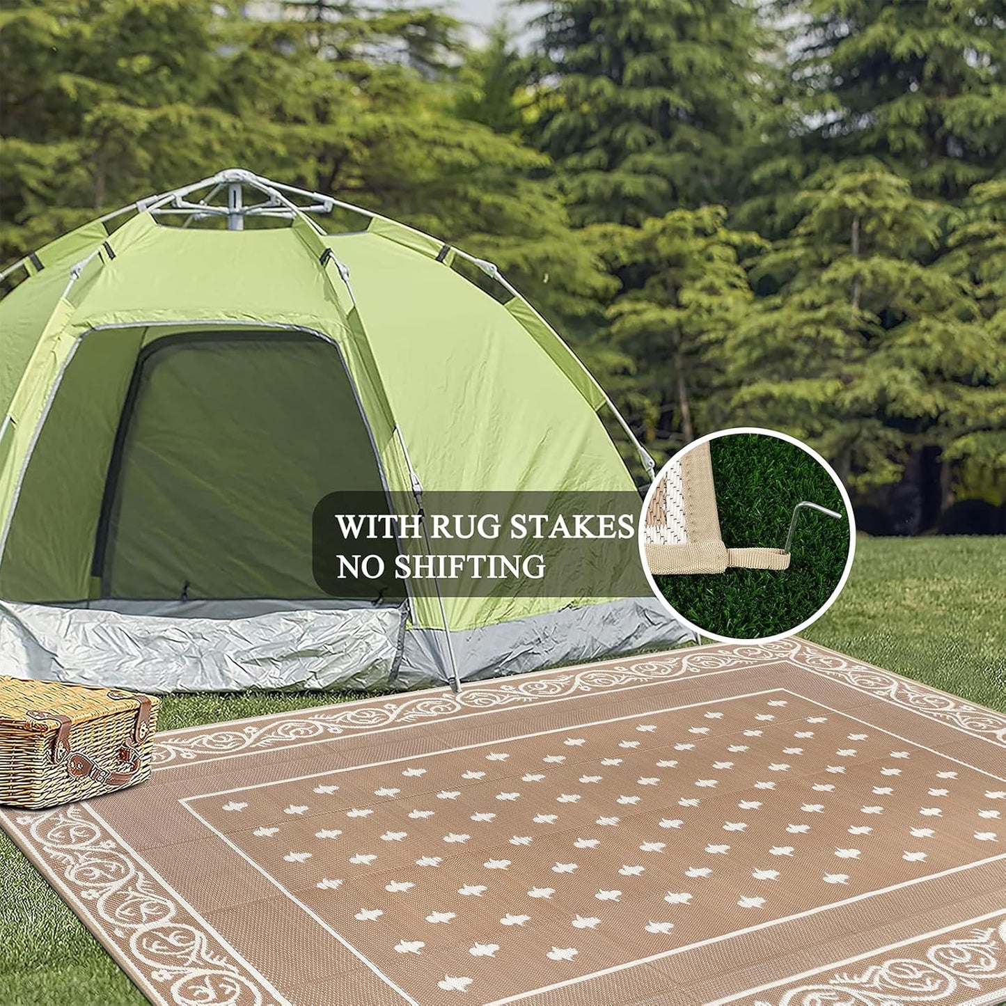 Pauwer Waterproof Outdoor Rug 6x9, Reversible Plastic Straw Patio Camping Rug, Indoor Outdoor RV Mat Carpet for Deck, Camper, Porch, Balcony, Backyard, Picnic, Bordered Beige