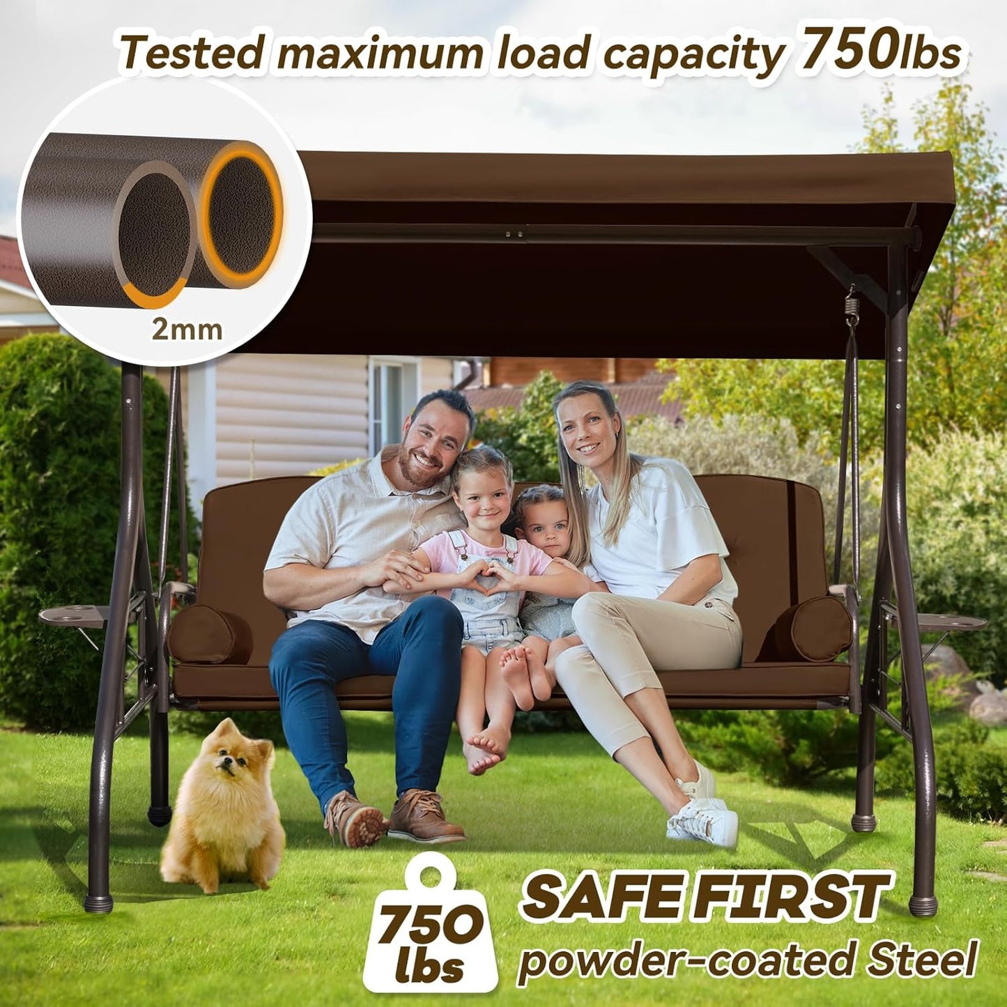 3 in 1 Patio Swing with Adjustable Canopy for Adults, 3 Seat Outdoor Swing with Thickened Cushions,Pillows & Cup Holders for Backyard, Porch, Garden (Brown)