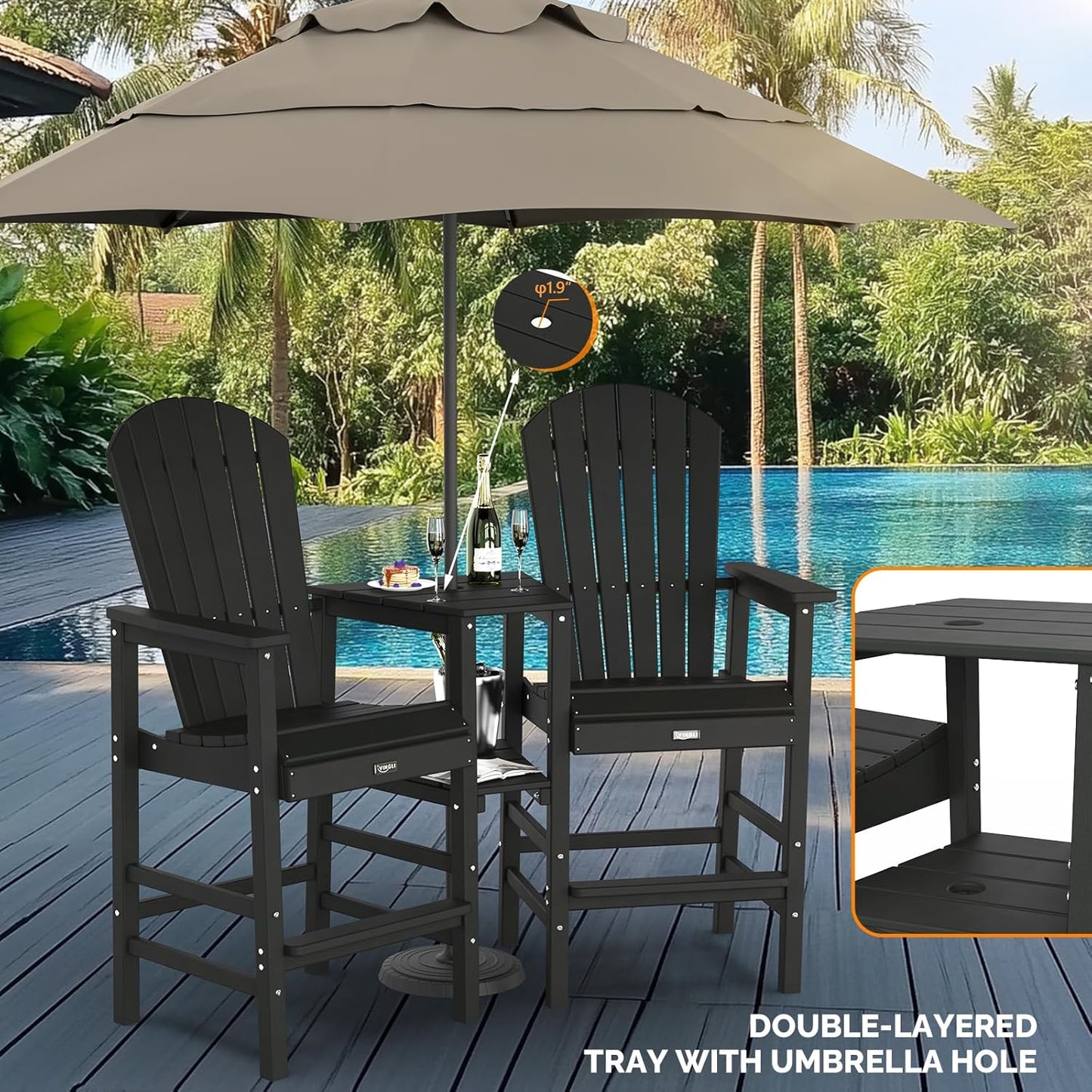 VINGLI Tall Adirondack Chairs Set of 2, HDPE Balcony Chair with Double Connecting Tray Weather Resistant Outdoor Bar Stools for Patio Deck Lawn Pool Backyard (Black)