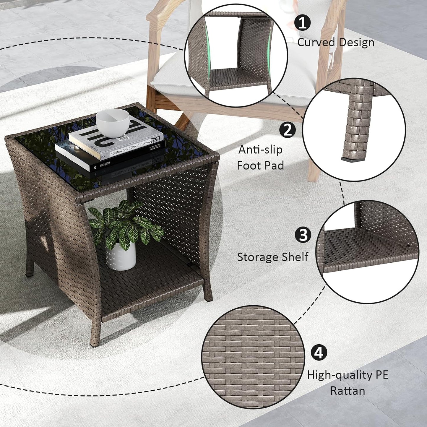 Outdoor Small Patio Table - PE Rattan Coffee Table, Wicker Side Table for Patio, Balcony & Porch, Durable & Iron Frame (2, Sesame)