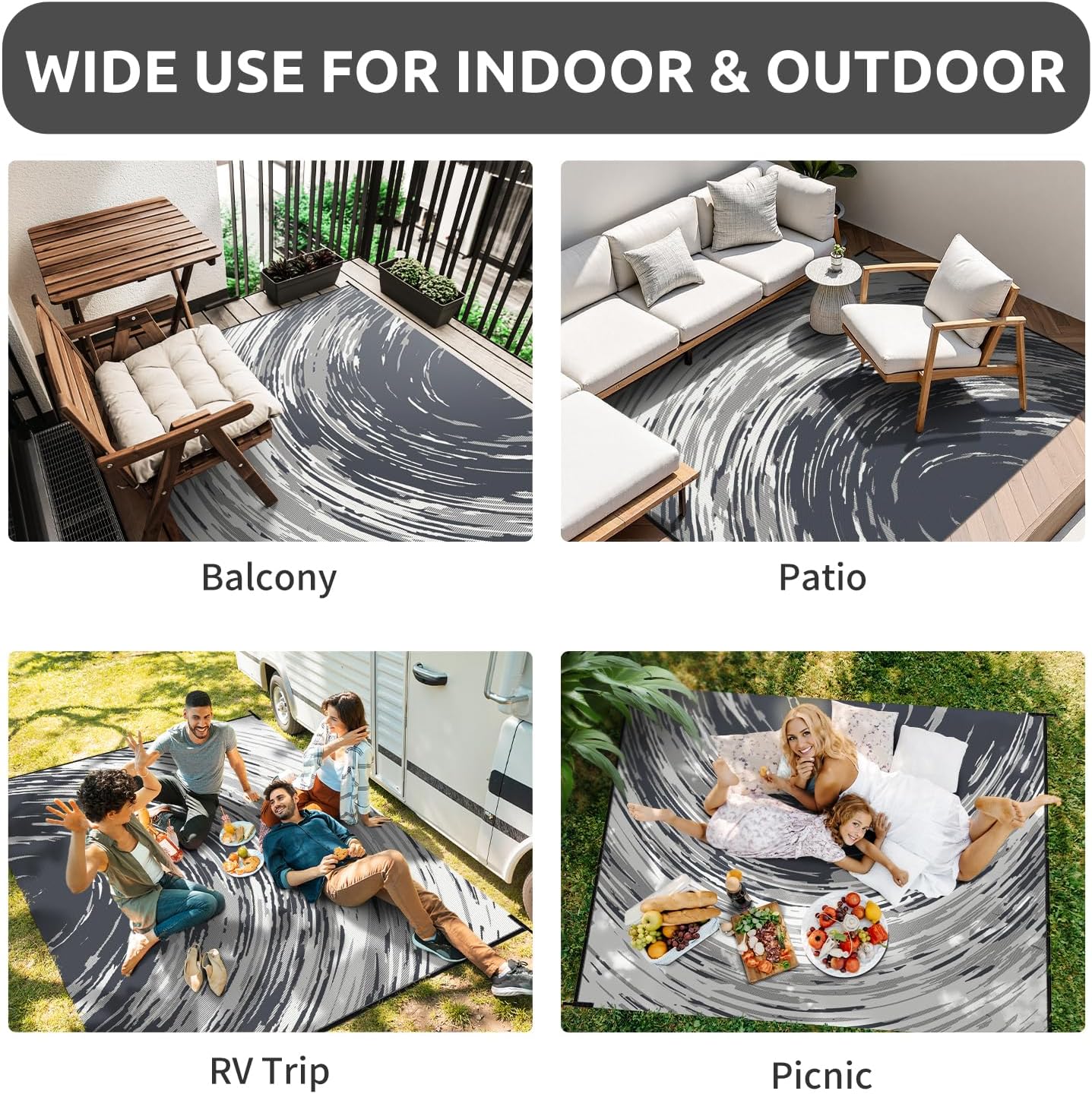 COCOER Modern Outdoor Rug 9x12 Reversible-Waterproof Outdoor Patio Rug-Quick Dry Outdoor Area Rugs Indoor Outdoor Rugs-Outside Rug Patio Decor for Porch Deck Balcony Backyard