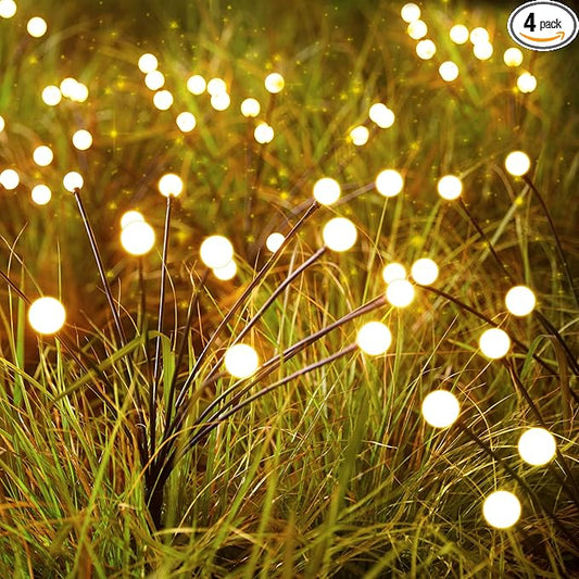 Solar Garden Lights - 4 Pack 48 LED Firefly Lights with 2 Lighting Modes, Sway by Wind, Waterproof Outdoor Decoration, Warm White
