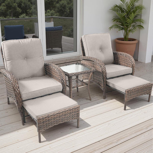 5 Piece Patio Furniture Set - Wicker Balcony Furniture Set with Hidden Ottomans, Rattan Outdoor Patio Chairs with Side Table for Porch Deck Poolside Garden Brown/Beige