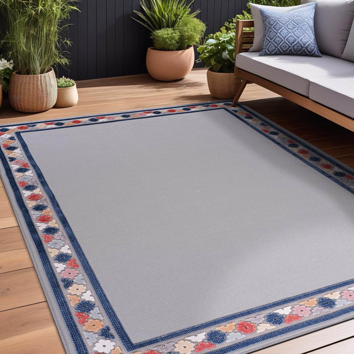 Beverly Rug Outdoor Rug 8x10 Modern Bordered Area Rugs for Indoor and Outdoor Patio Easy to Clean Non Shedding Living Room Porch Garden Washable Outside Carpet (8 x 10 Gray)