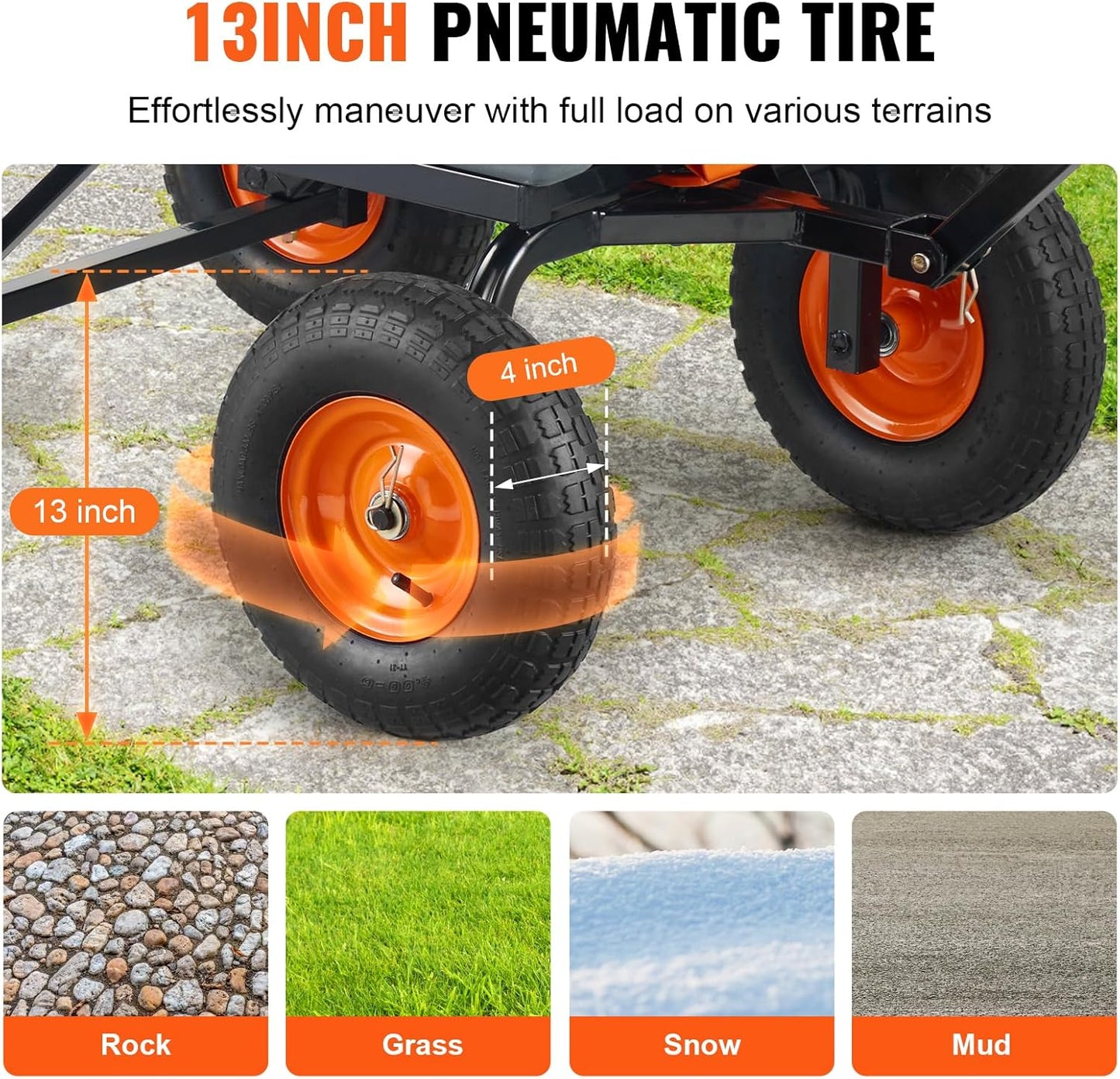 VEVOR 1200lbs 7Cu.Ft. Garden Dump Cart with 2-in-1 Convertible Handle and 13in All Terrain Wheels, Heavy Duty Poly Yard Dump Wagon Utility ATV Trailer Dump Cart Tow Behind for Lawn Mower Tractor