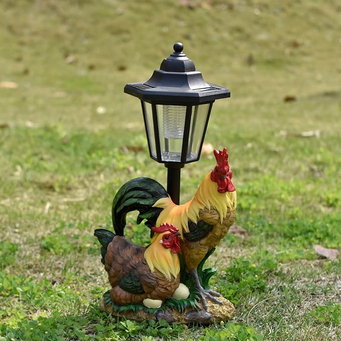Solar Garden Outdoor Decor Statues Rooster Hen Couple with Light,Outside-Outdoor Decorations Sculptures for Patio Yard Lawn Walkway Ornaments Clearance Gifts for Mom Grandma Birthday