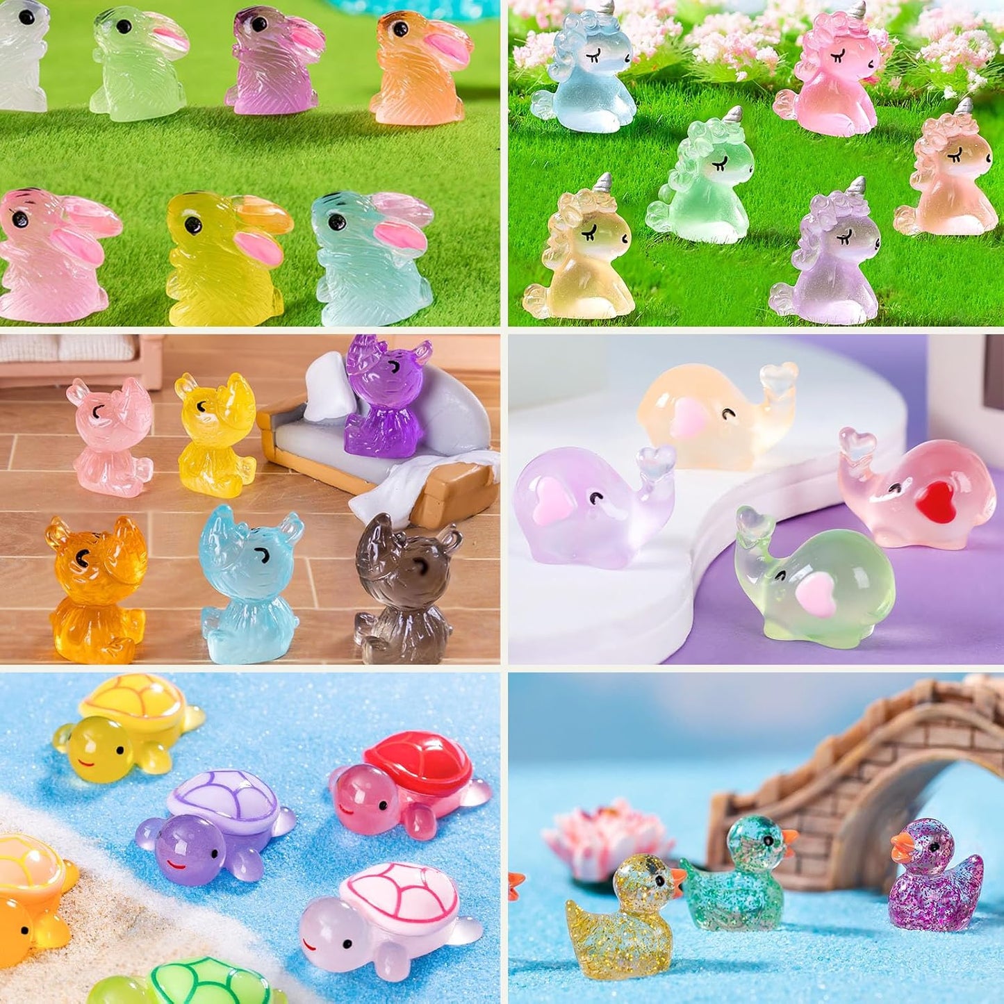 Luminous Mini Resin Animals Figures to Hide, 72 PCS Small Animal Figurines Tiny Plastic Animals Bulk Glow in The Dark, Little Ducks Miniature Turtles Micro Unicorns for Fairy Garden Aquarium Decor