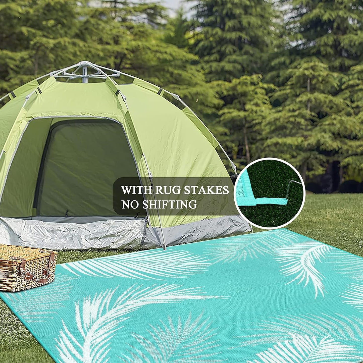 Pauwer Waterproof Outdoor Rug 8x10, Reversible Plastic Straw Patio Camping Rug, Indoor Outdoor RV Mat Carpet for Deck, Camper, Porch, Balcony, Backyard, Picnic, Leaf Light Blue