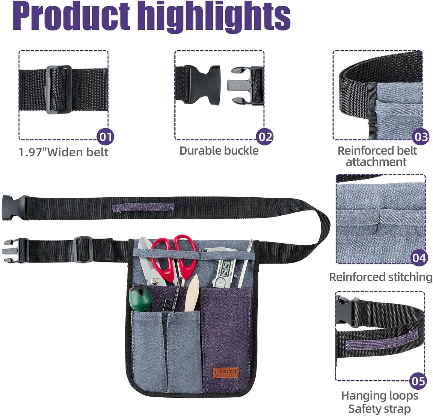 Garden Tool Belt for Men & Women, Denim Slim 4-Pocket Adjustable Garden Apron - Lightweight Utility Belt for Gardening, DIY, Carpenter, Painting, Seamstress, and Crafting Tool Pouch (Purple)