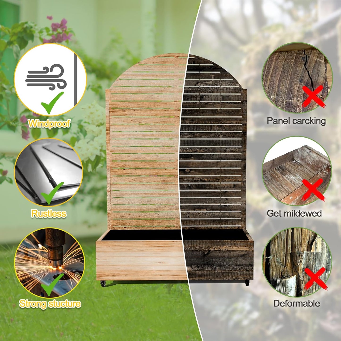 FENCY Metal Raised Garden Bed with Wheels and Trellis,Arched 73"x47"x16" Planter Box for Climbing Plants, Vegetables & Vines, Features Privacy Screen and Drainage Holes (Acacia Wood Finish)