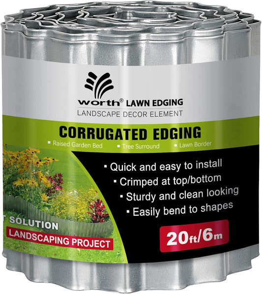 Worth Wide-Corrugated Galvanized Steel Landscape Edging, 6" x 20Ft Flexible Sturdy Lawn Garden Metal Edging Long Strips for Raised Flower Bed Tree Surrounds,Silver