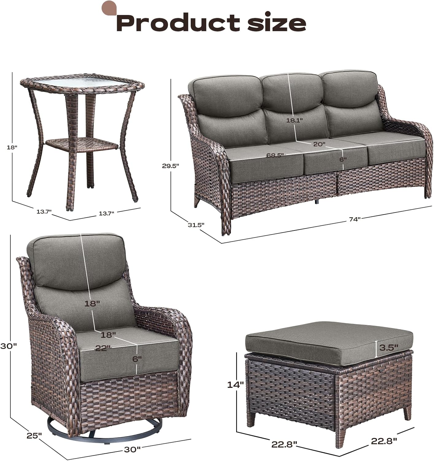 Wicker Outdoor Patio Furniture Set - 6 Piece Patio Conversation Sets with Swivel Rocker Chairs, Ottomans, Sofa and Side Table, 6 inch Cushions, Waterproof Wicker, for Porch Deck Brown/Grey