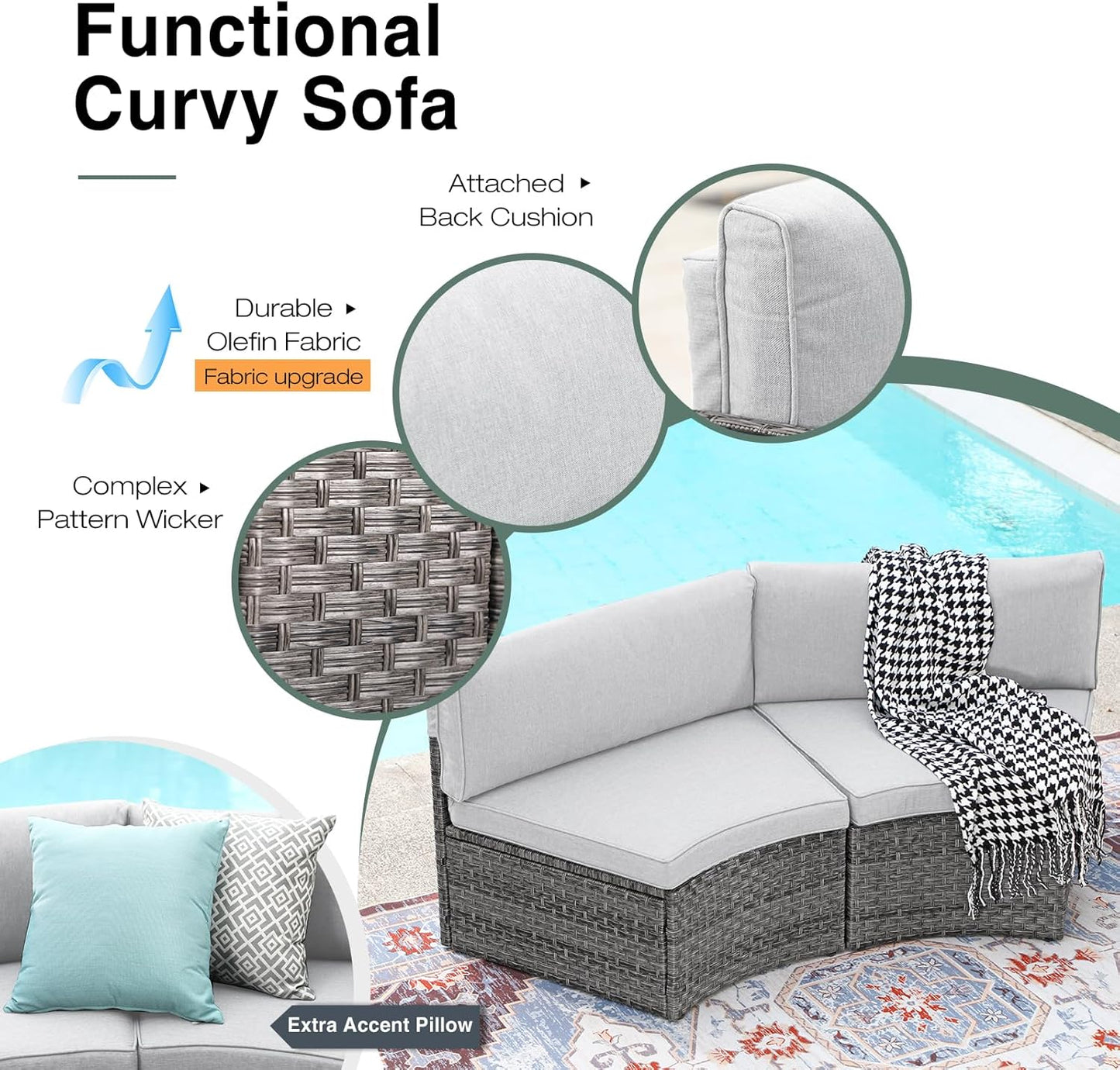 SUNSITT Outdoor Patio Furniture 11-Piece Half-Moon Sectional Round Patio Furniture Set Curved Outdoor Sofa with Tempered Glass Round Coffee Table, 4 Pillows, Grey Rattan & Light Grey Cushion