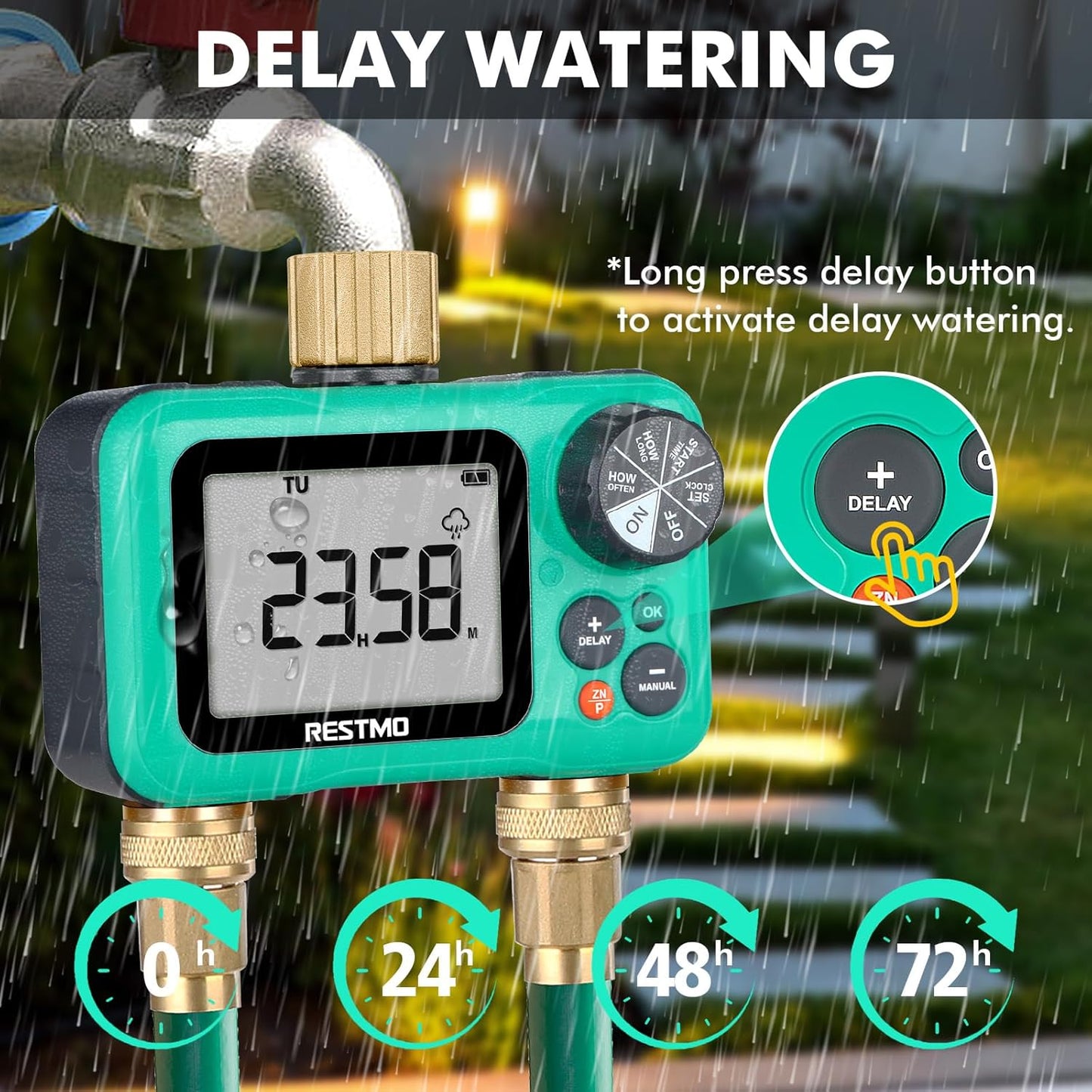 RESTMO Sprinkler Timer with Brass Inlet & Outlet, 3 Separate Programs Water Timer for Garden Hose, Manual/Rain Delay/Automatic Watering for Drip Irrigation and Lawn, 2 Outlet
