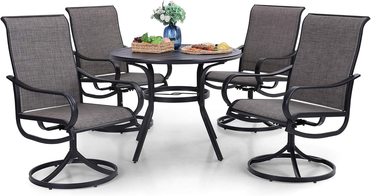 PHI VILLA 5 Piece Patio Dining Set, 4 Swivel Patio Chairs and 1 Round Metal Table with 1.57" Umbrella Hole, All Weather Resistant for Lawn Garden