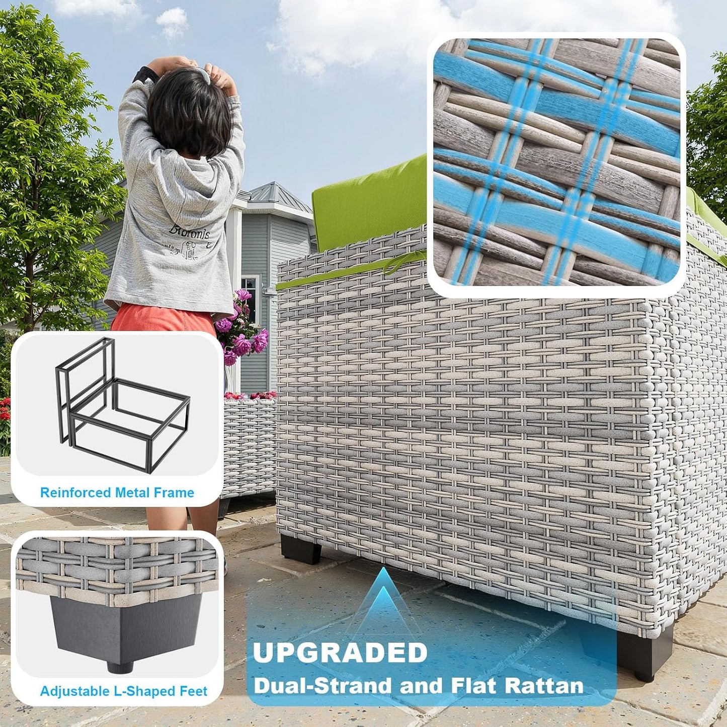 14-Piece Patio Furniture Set, Outdoor Sectional with Thick Cushions, Modular Patio Sofa, Dual-Strand Wicker Rattan, Rust-Resistant Frame, Backyard Furniture for Garden, Deck, Grass Green