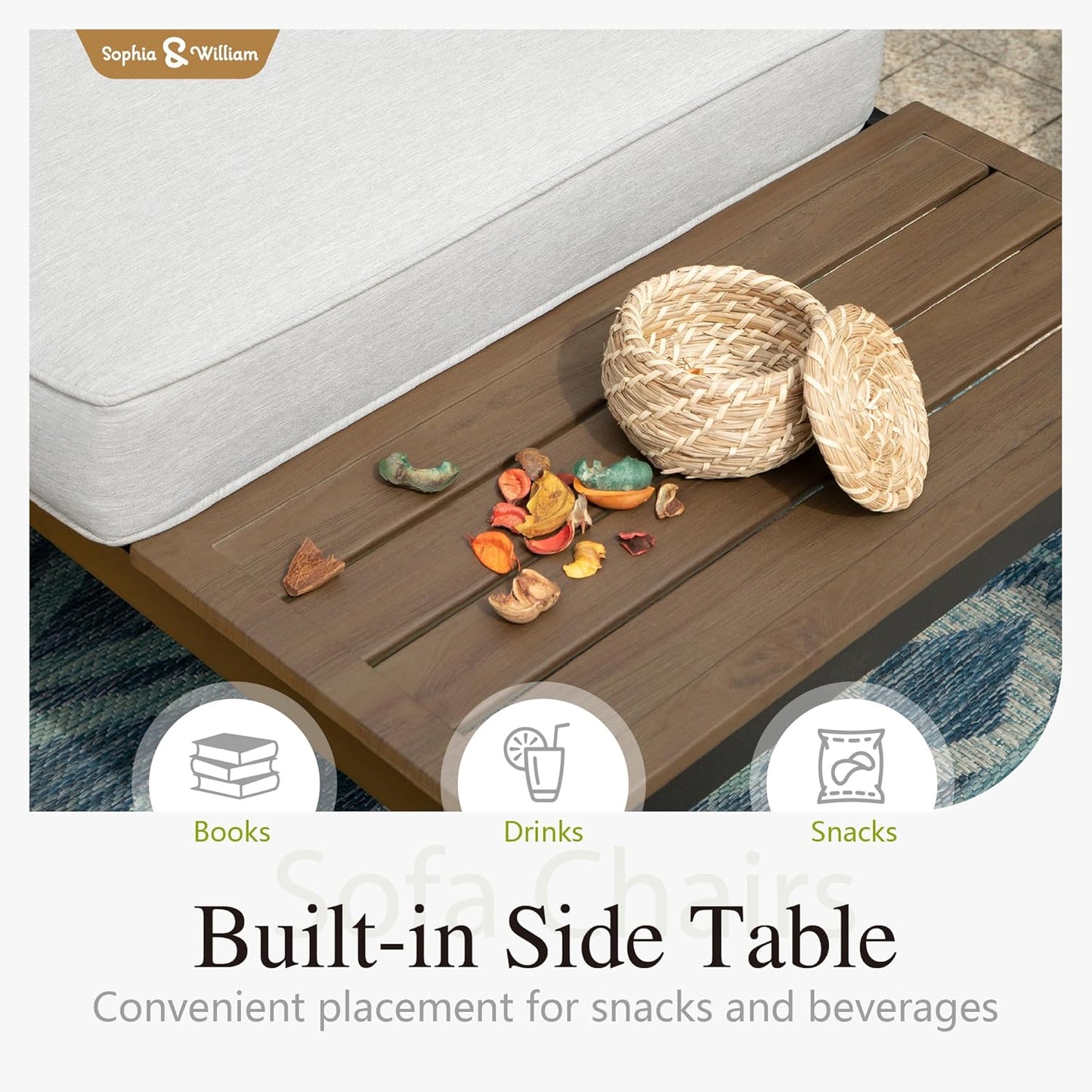 Sophia & William 3 Pieces Outdoor Patio Furniture Set, Metal Sectional Sofa Set Patio Conversation Set with Cushions-2 x Single Sofa with Side Table, 1 x Loveseat