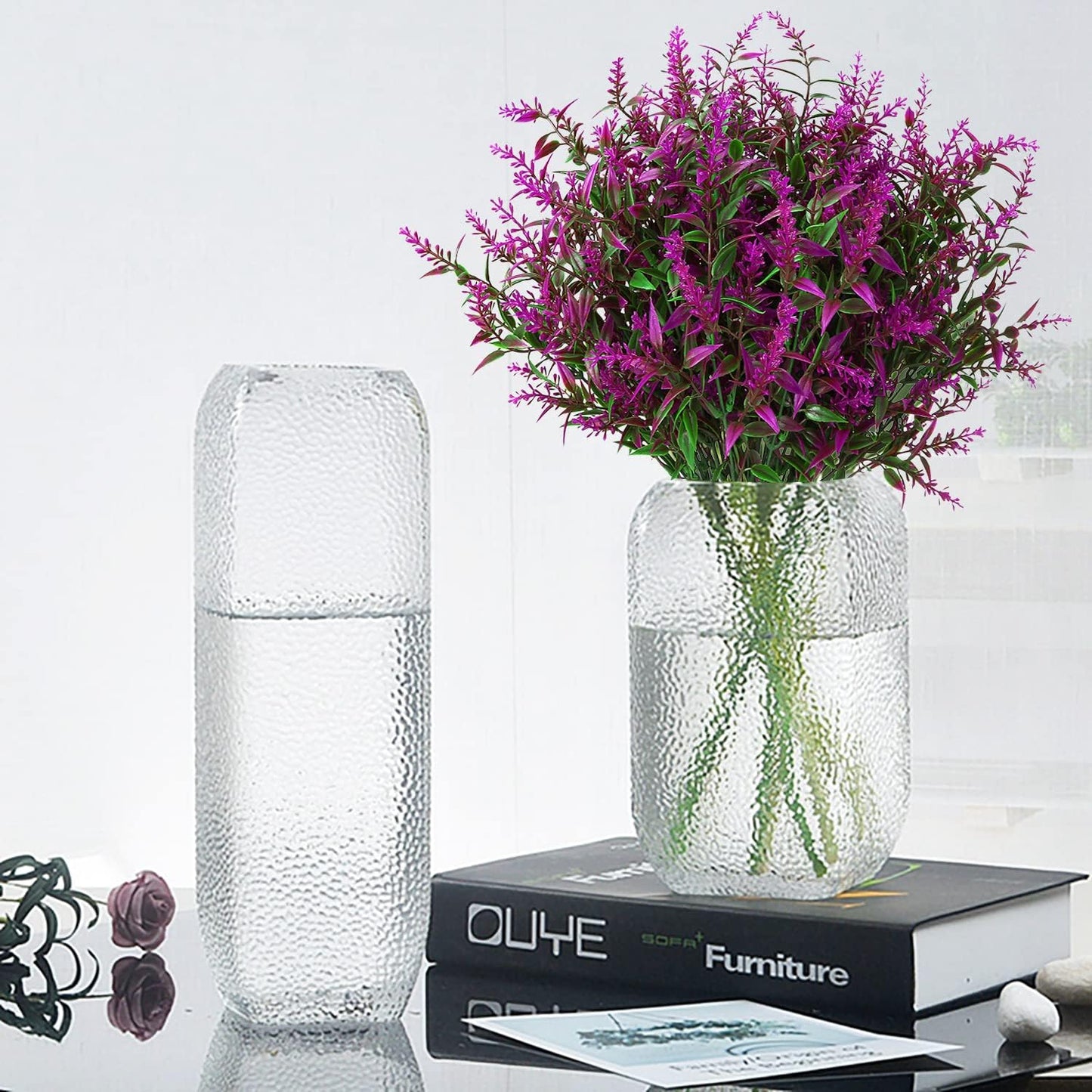 8 Pack Artificial Plants Flowers Grass Shrubs Lavender No Fade Faux Plastic Flowers Outdoor for Farmhouse Garden Porch Patio Indoor Wedding Decoration Greenery Fake Plants uv Resistant