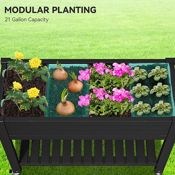 YITAHOME 43.3x17.7x34 in Elevated Garden Bed, Outdoor Plastic Planter Box with Wheels, Legs, Drain Plug, and Storage Shelf for Plants, Vegetables, Flowers, Herbs, Black