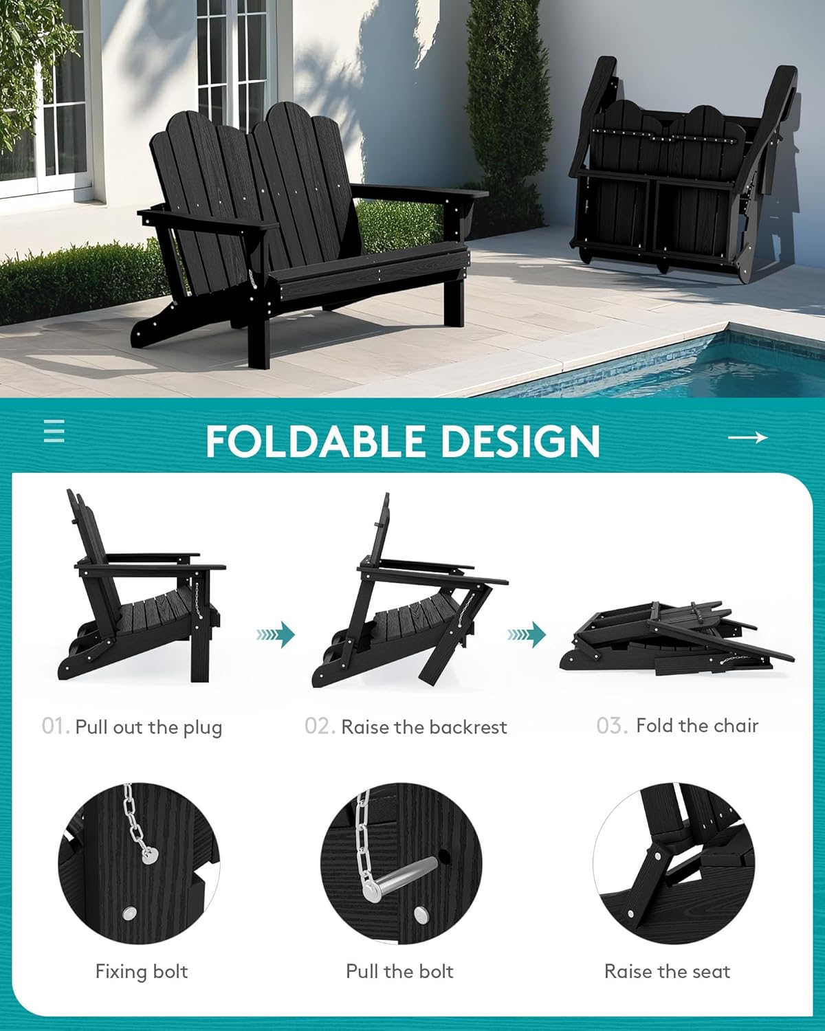 SERWALL Folding Adirondack Bench, HDPE All-Weather Adirondack Loveseat Set of 2, Black