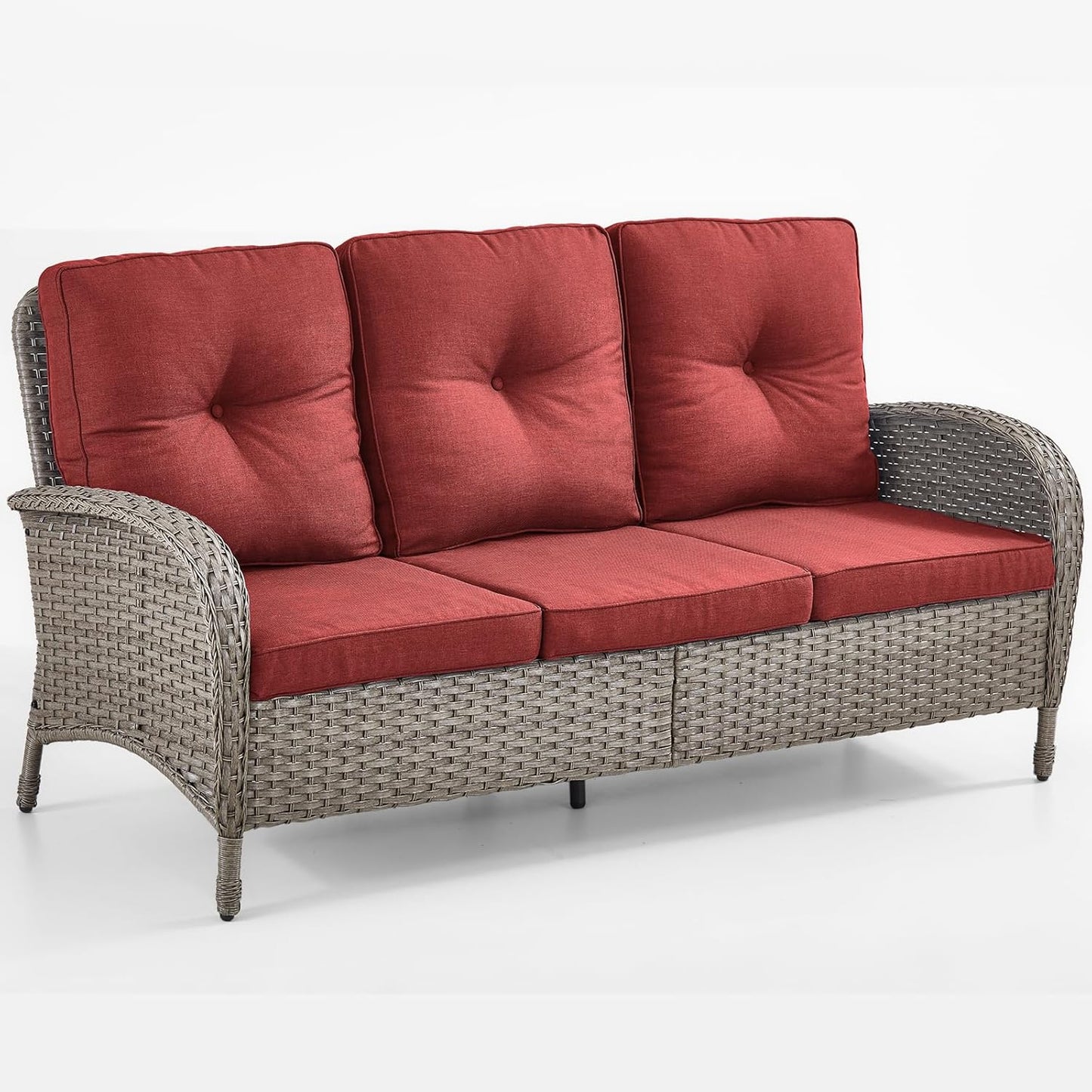 HUMMUH Outdoor Patio Couch-Outdoor Rattan Couch with Thick Cushions Outdoor Sofa for Deck Lawn Porch Balcony Poolside-Grey/Red