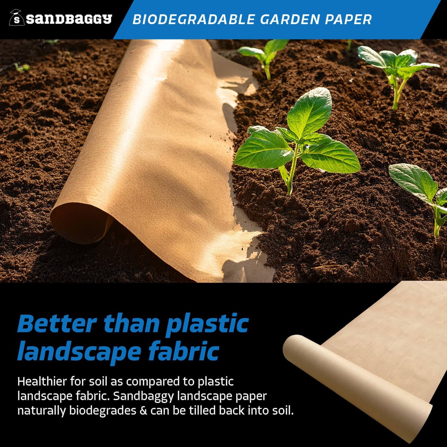 Sandbaggy Biodegradable Landscape Fabric - Garden Paper for Weeds - Paper Mulch Rolls - Made in America (4 ft x 475 ft, 25)